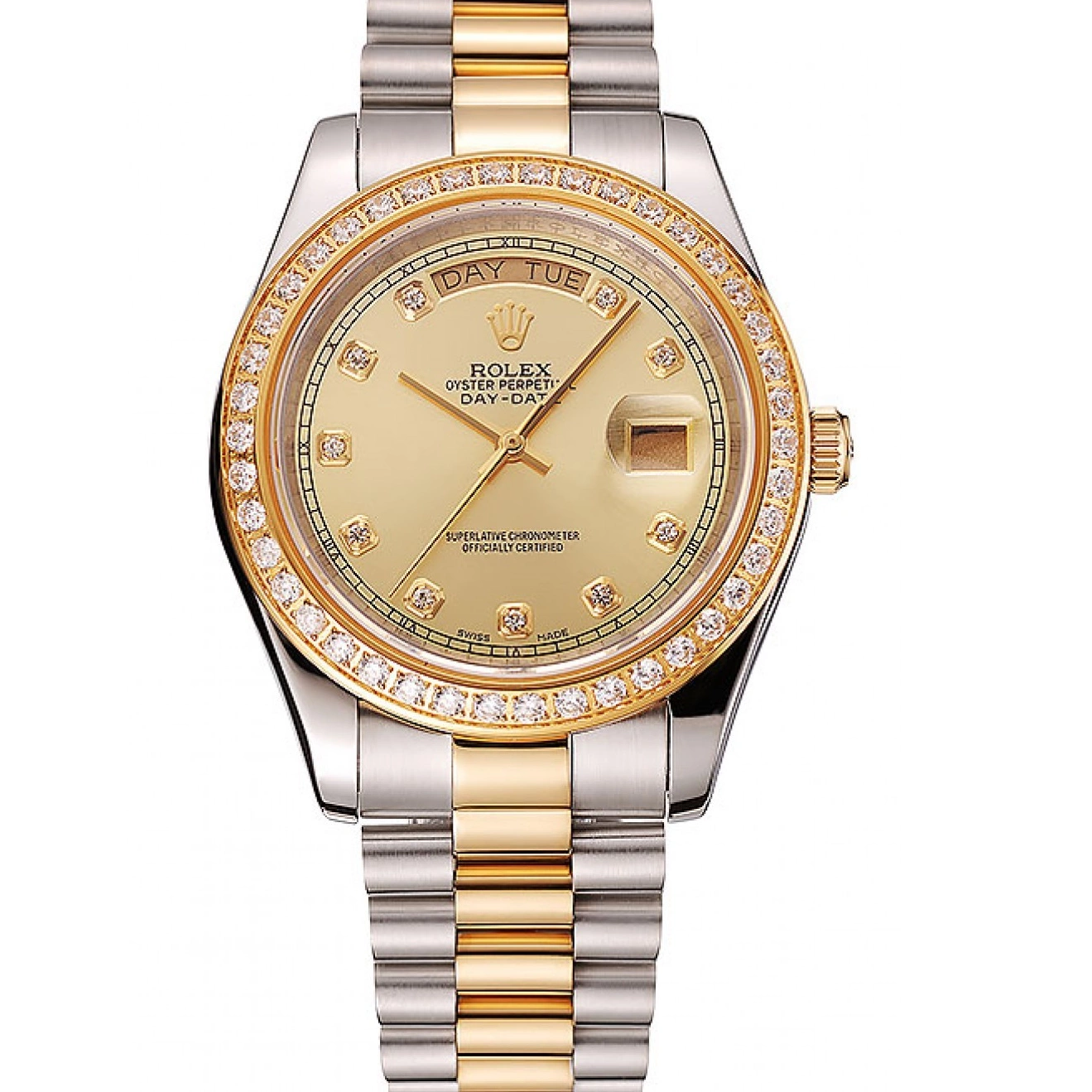 Aaa fake watches Day-Date Swiss Diamond Dial 1453974 Two Gold Tone Bracelet Rolex Stainless Steel Champagne Case 0614